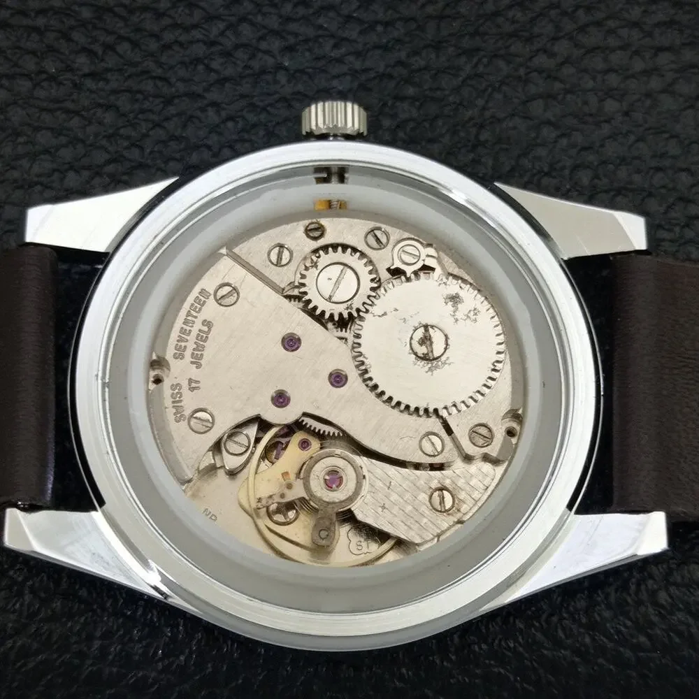 Vintage 1975 Roamer Manual Mens Silver Watch W/Leather Strap & Red accents